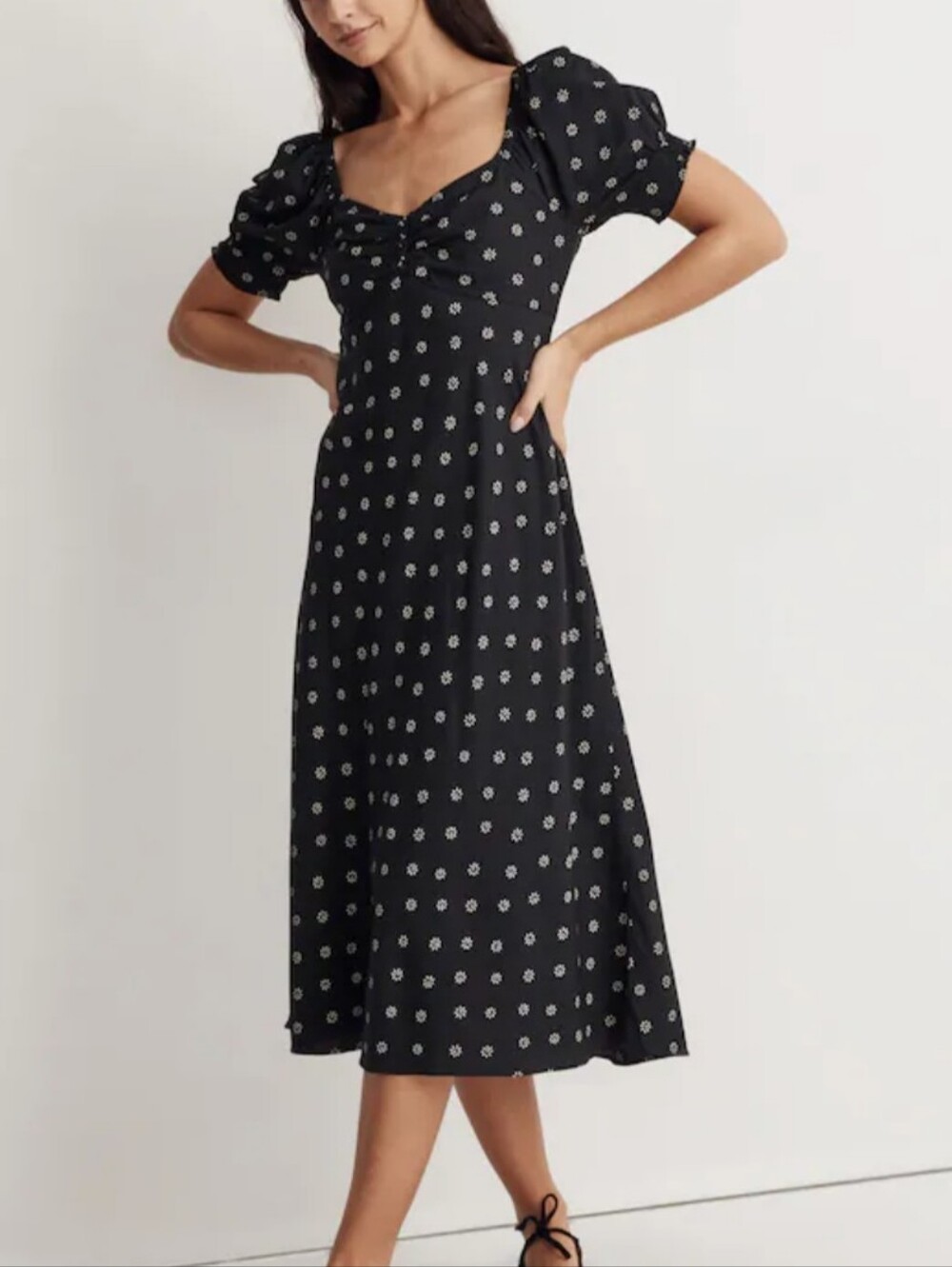 Madewell Sweetheart Puff-Sleeve Midi Dress in Black Stardot Size 14